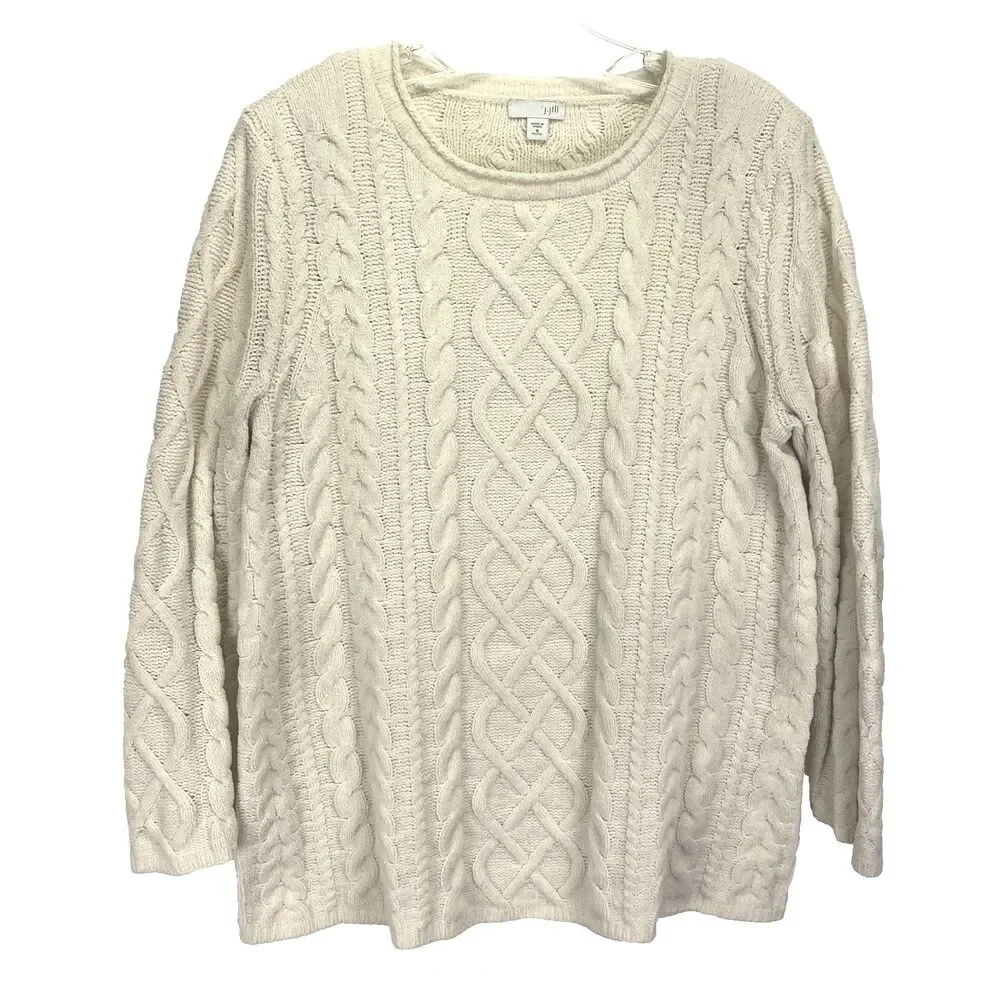 J.JILL Cable Knit Fisherman Chenille Sweater Cream Women's Sz Medium P Old Money